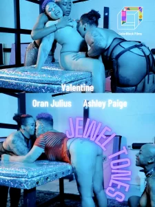 A flyer for 'Jewel Tones', a QTBIPOC porn with queer porn stars, Oran Julius, Valentine, and Ashley Paige having a fun threesome and kissing on a glittery table in an ethical porn.