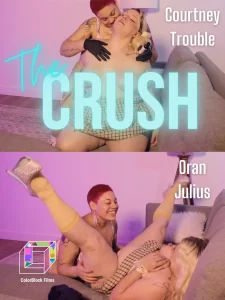 NSFW film flyer for the feminist queer porn, The Crush, starring Oran Julius and Courtney Trouble. Up top, Oran rubs Courtney's shoulders with gloved hands and oil. On bottom, Oran smiles wide as Courtney spreads their legs open in glittery heels ands knee highs.