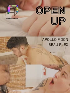 NSFW film flyer for the ethical porn, Open Up, with transmasc bear Apollo Moon and nonbinary porn star, Beau Flex.