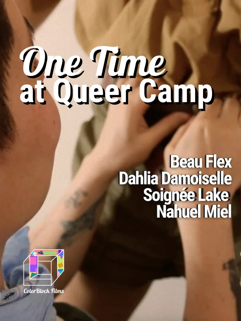 Queer porn star Beau Flex unbuckles Dahlia Damoiselle's shorts in film cover for One Time at Queer Camp, a T4T porn featuring all BIPOC porn stars