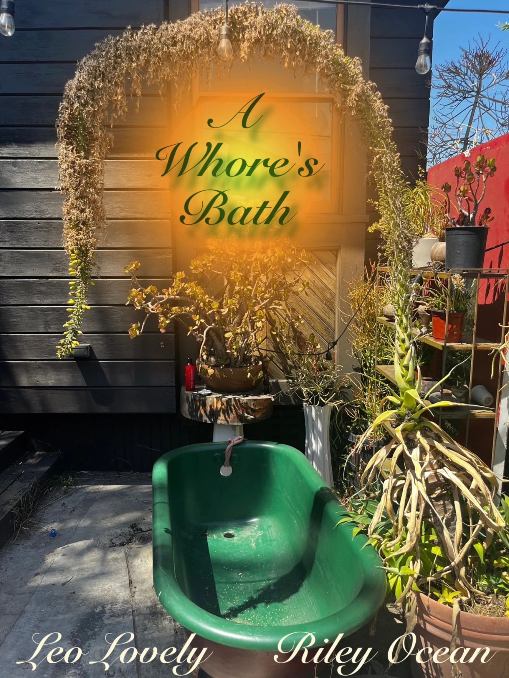 A bathrub outdoors in a garden with the title "A Whore's Bath".