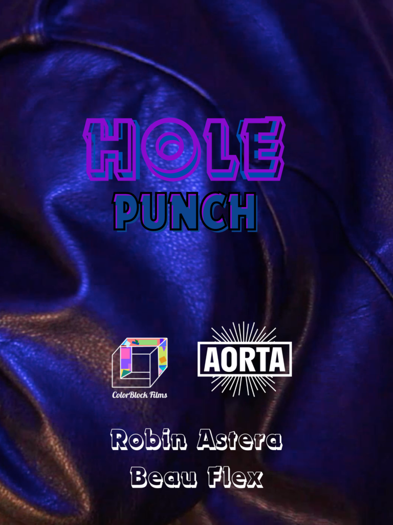 Film flyer for Hole Punch, a hot leather sex co-production from ColorBlock Films and AORTA Films featuring transmasc BIPOC pornstars Beau Flex and Robin Astera.