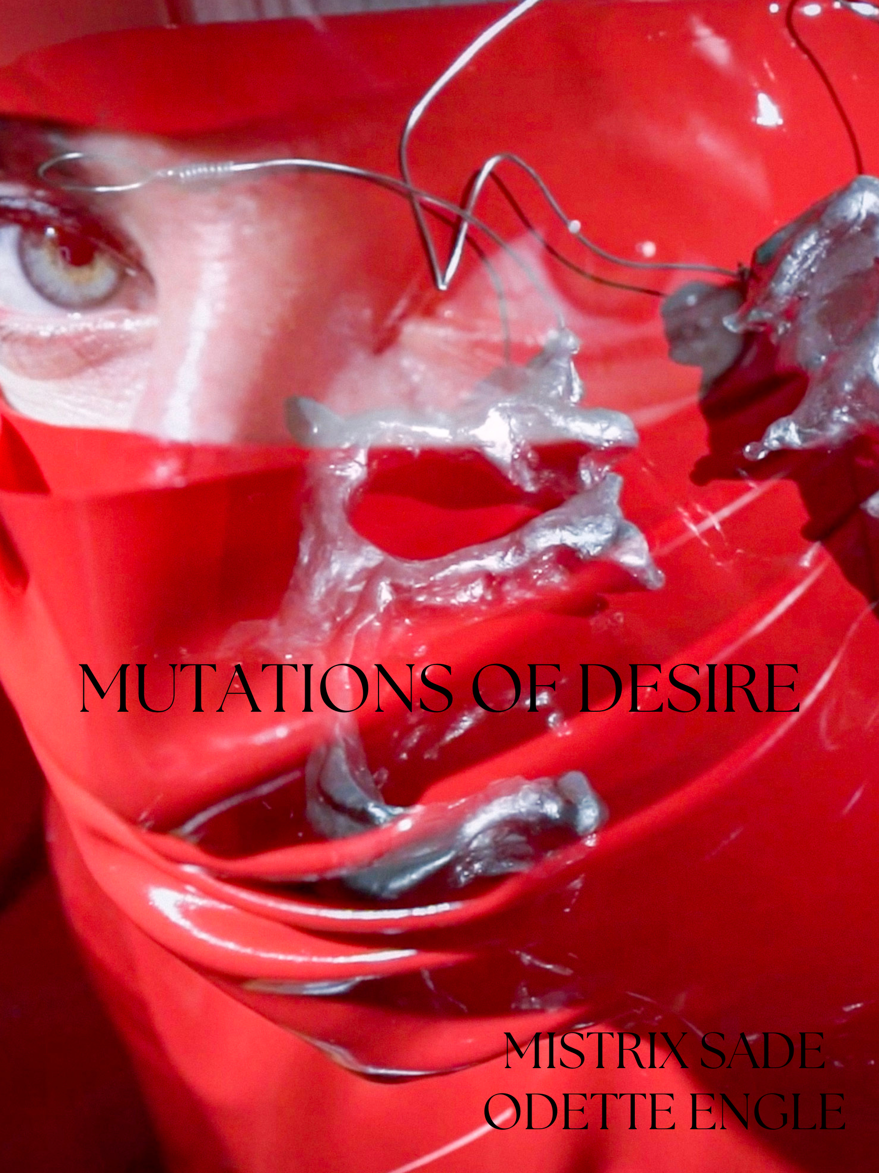 Upclose face with red latex tape wrapped around only revealing the eye, which has a wire hook next to it.