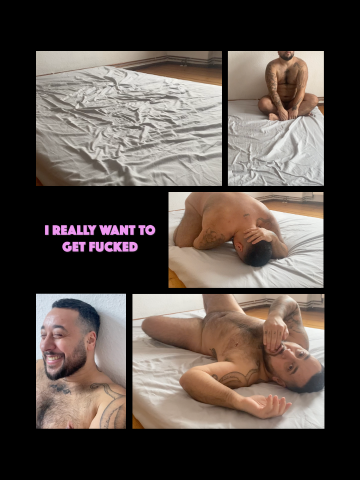 Flyer for I really want to be fucked. Model poses in various images on a white mattress.