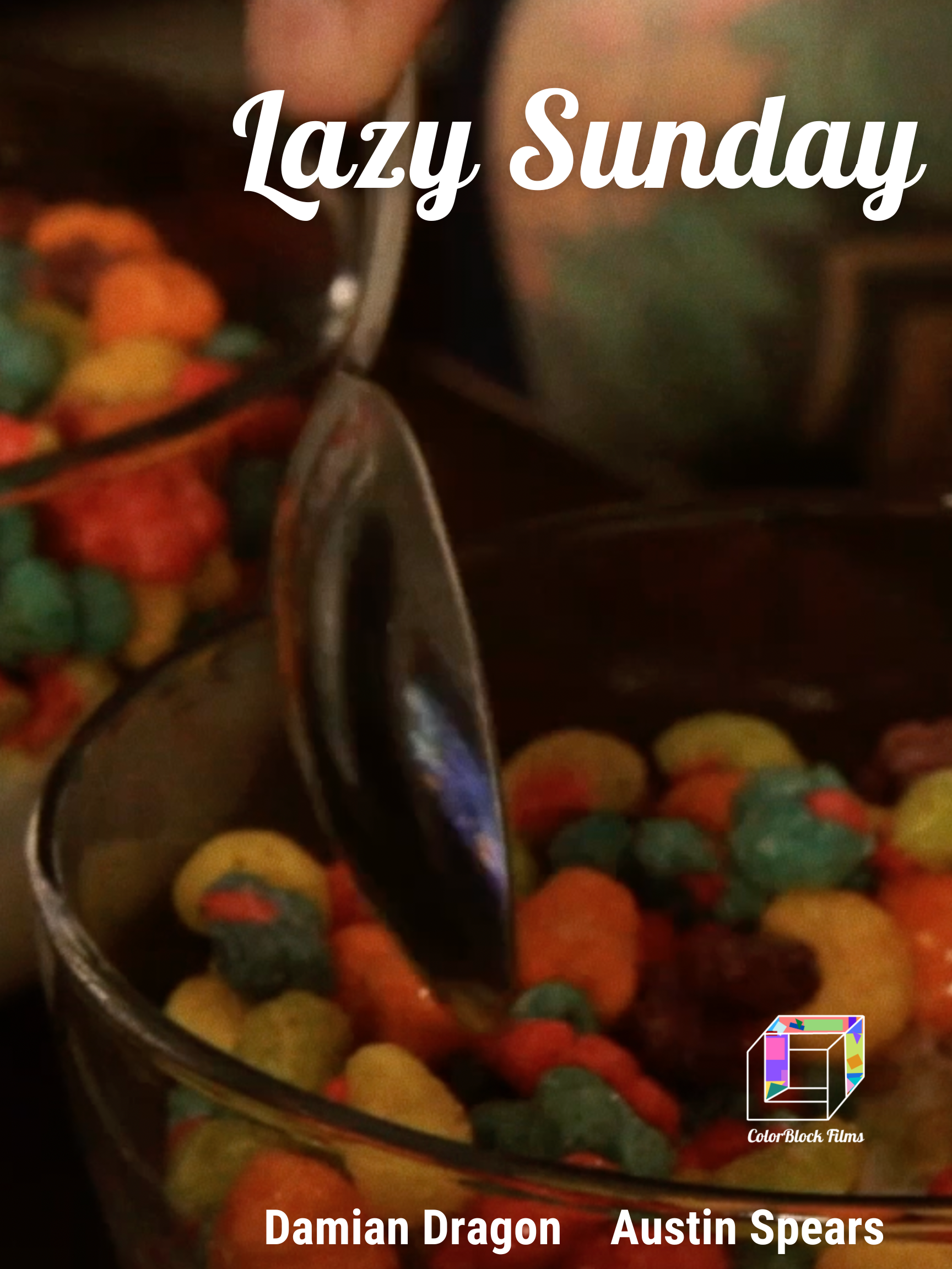 Lazy Sunday film flyer showing a close-up on colorful bowls of cereal