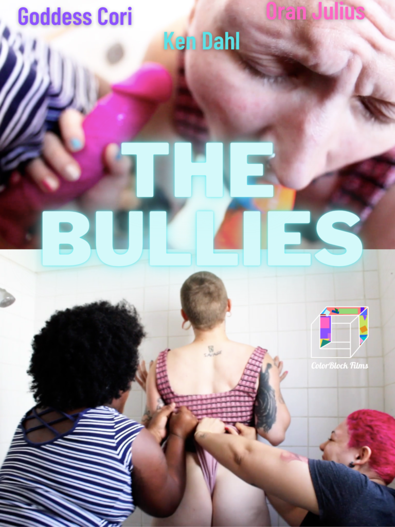 Film flyer for The Bullies, a gay threesome porn featuring Oran Julius, Goddess Cori, and Ken Dahl.